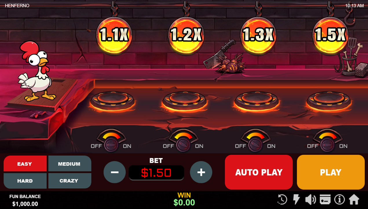 Henferno gameplay showing multiplier chains and difficulty settings